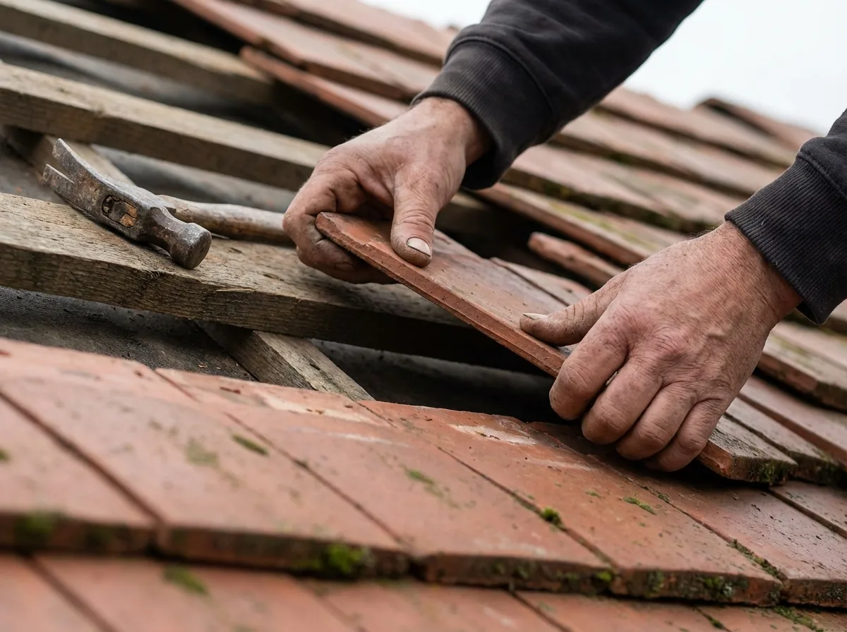 Craftsman carefully replacing roof tiles by hand