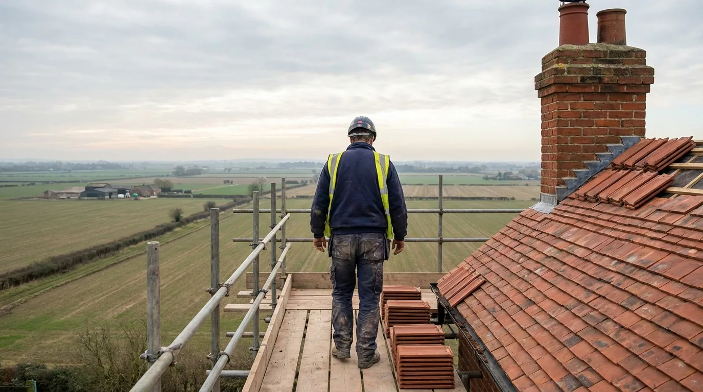 Roofer overlooking Cambridgeshire farmland from scaffolding