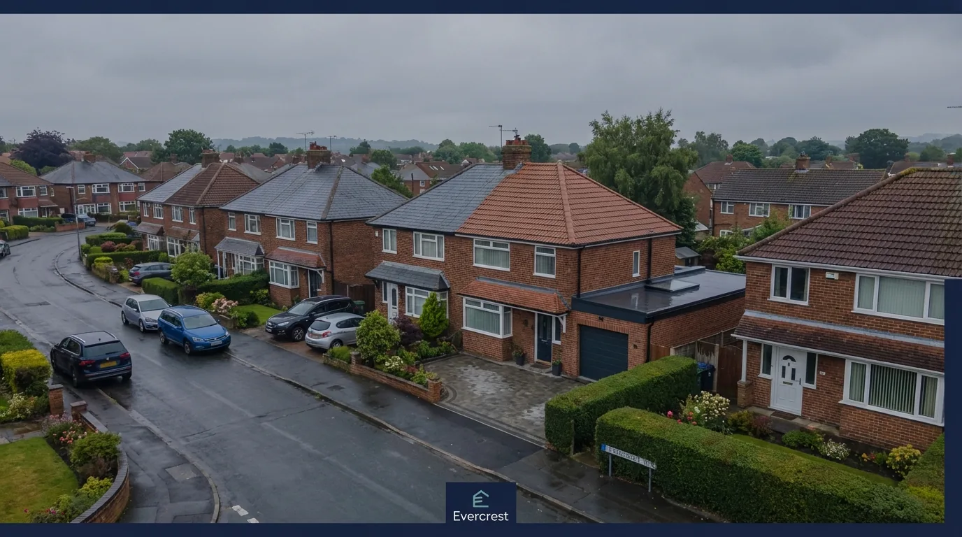 Residential street where Evercrest provides roofing and property care